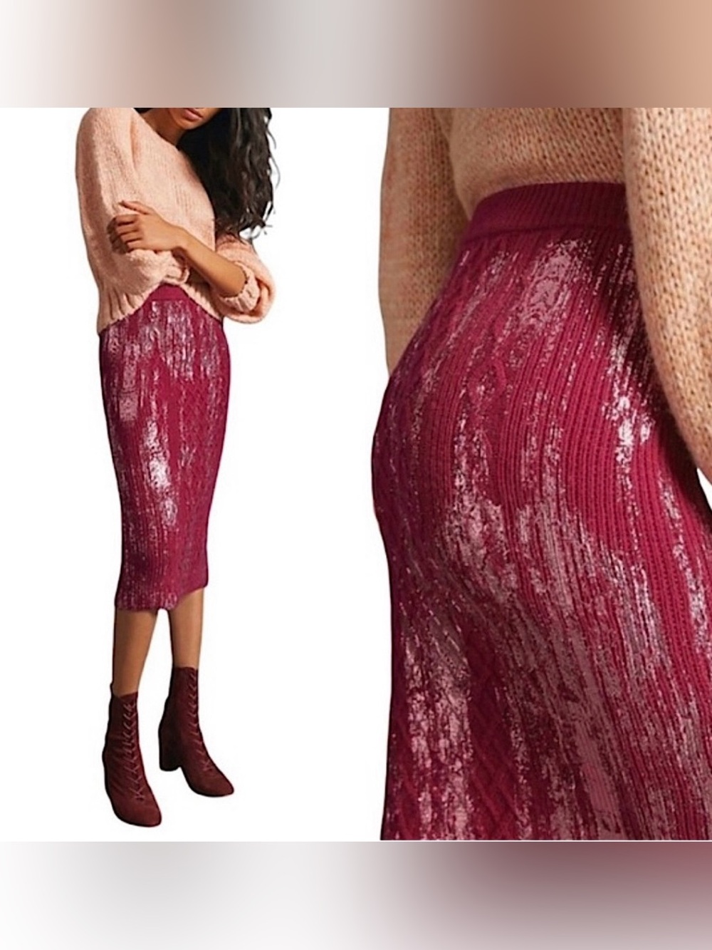 Anthropologie Rue Shimmer Sweater Midi Skirt Plum Red XS NWT